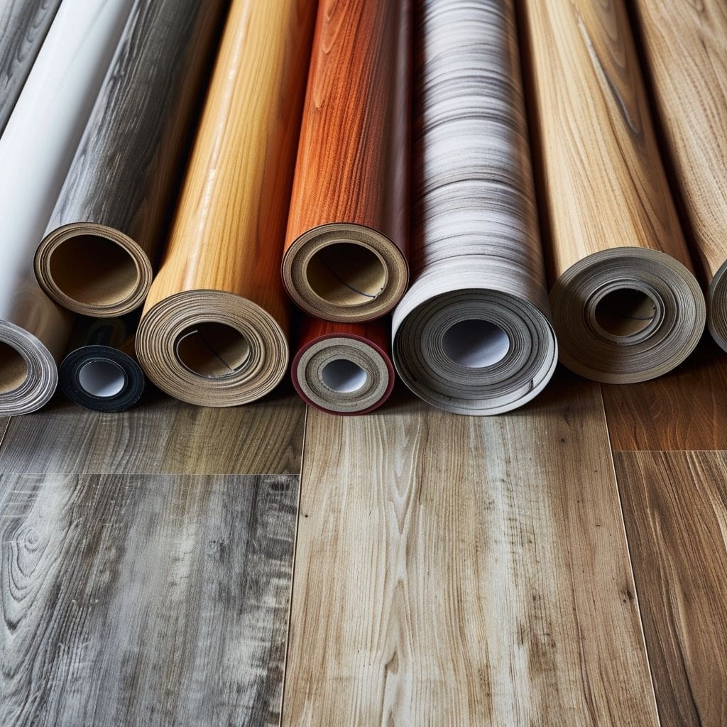 A group of rolls of wood flooring on the floor.